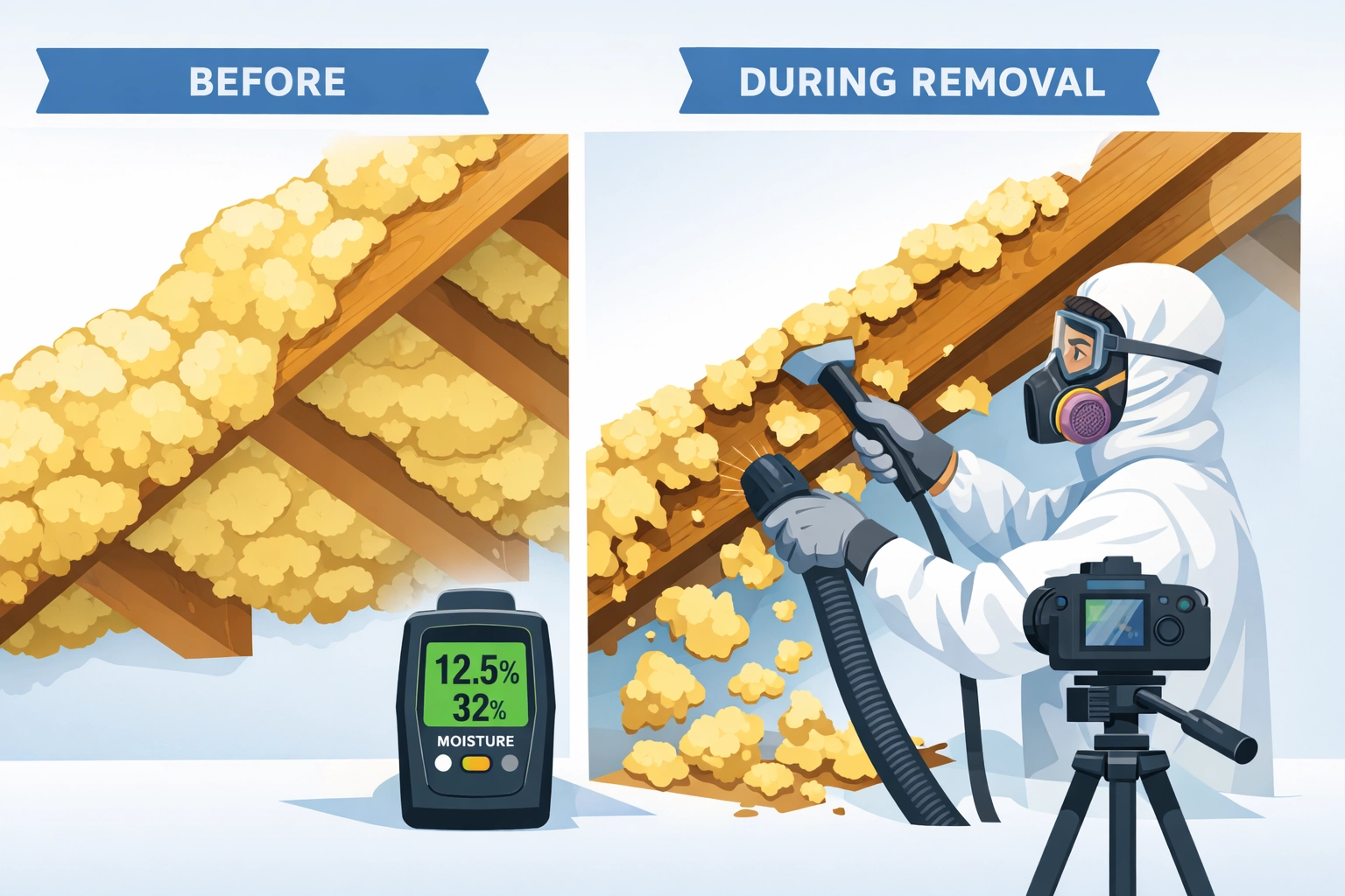 Professional spray foam removal from loft rafters with moisture testing equipment