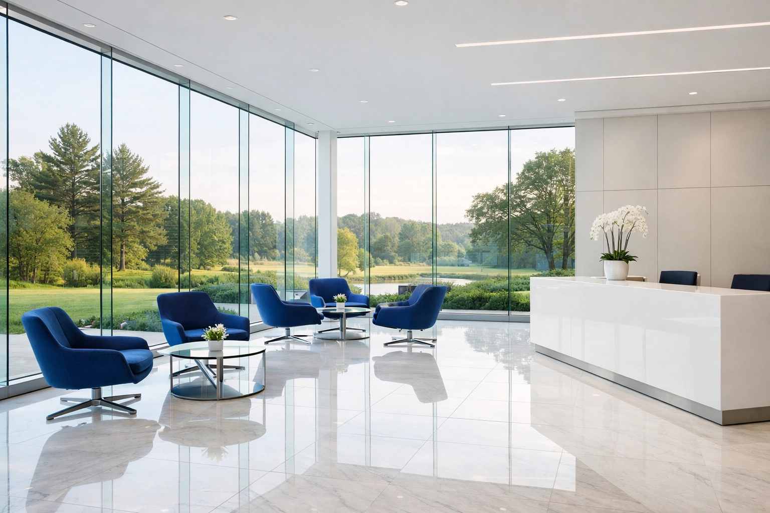 Modern and bright corporate lobby in Wayland, MA showcasing professional commercial cleaning results.