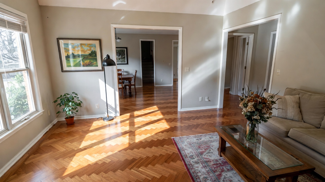 Living Room and Dining Area Herringbone Flooring