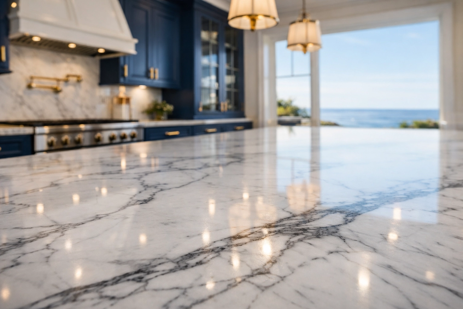Luxury house cleaning in Manchester-by-the-Sea featuring a polished marble island in a high-end estate kitchen.