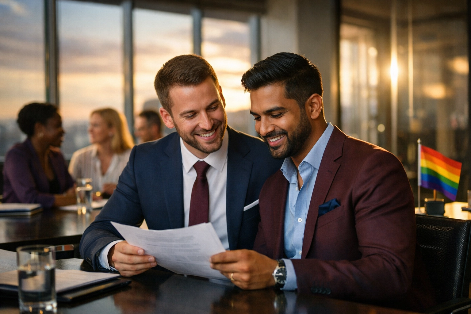 Gay professionals in corporate boardroom meeting discussing business strategy and leadership