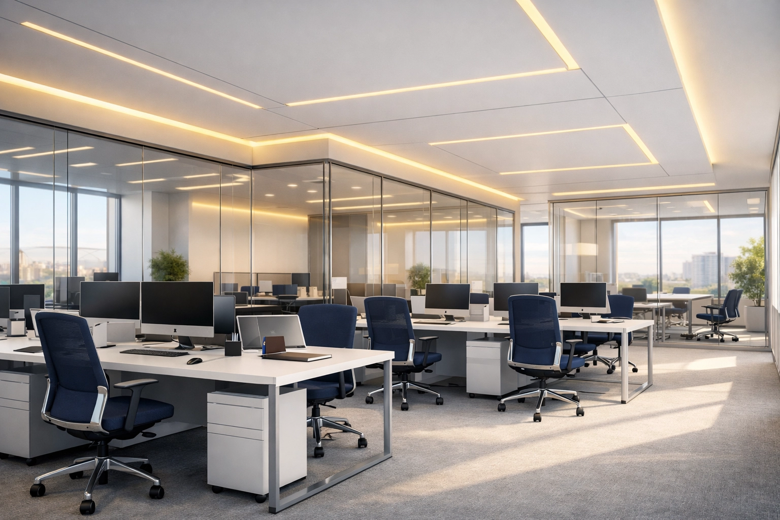 A dust-free contemporary office workspace illustrating professional commercial cleaning services in Sudbury MA.