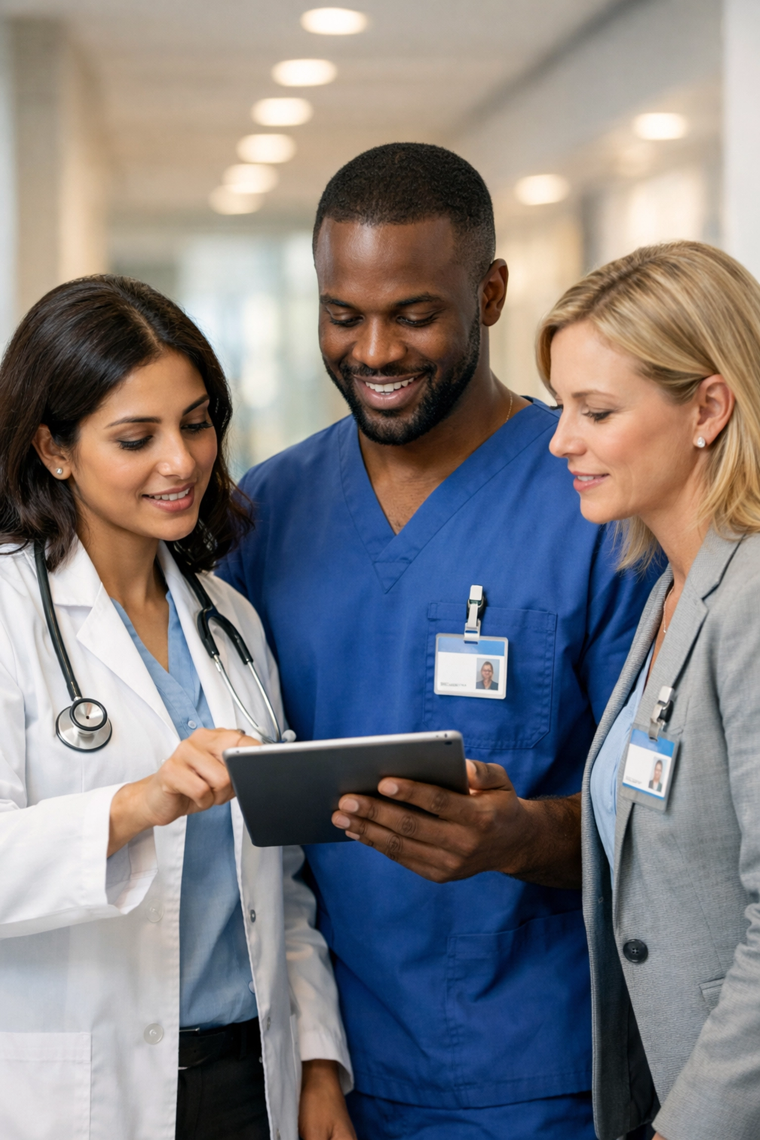 Healthcare team collaborating with AI tools on a digital tablet in a modern clinical setting.