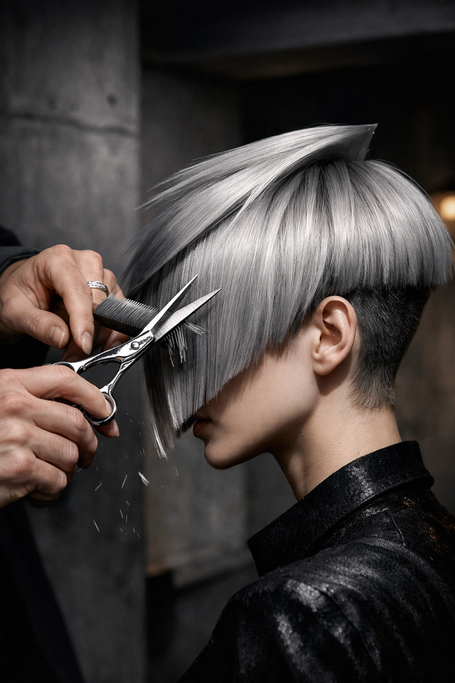 Professional hair stylist performing a precision cut in a high-end salon representing local award-winning talent.