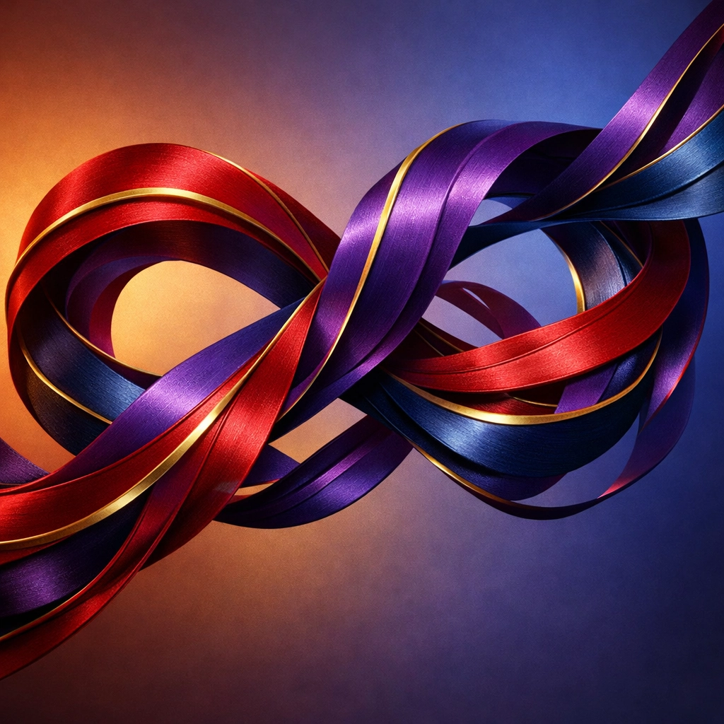 Flowing ribbons symbolizing the intersection of ancient Kamasutra wisdom and modern gay kink