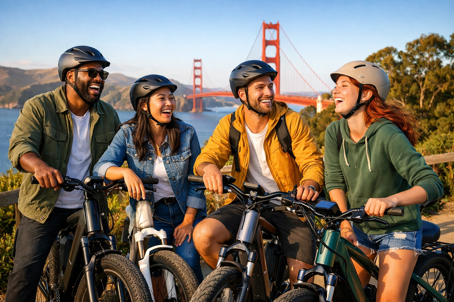 Friends enjoying an e-bike tour at a scenic san francisco overlook with the golden gate bridge in the distance.