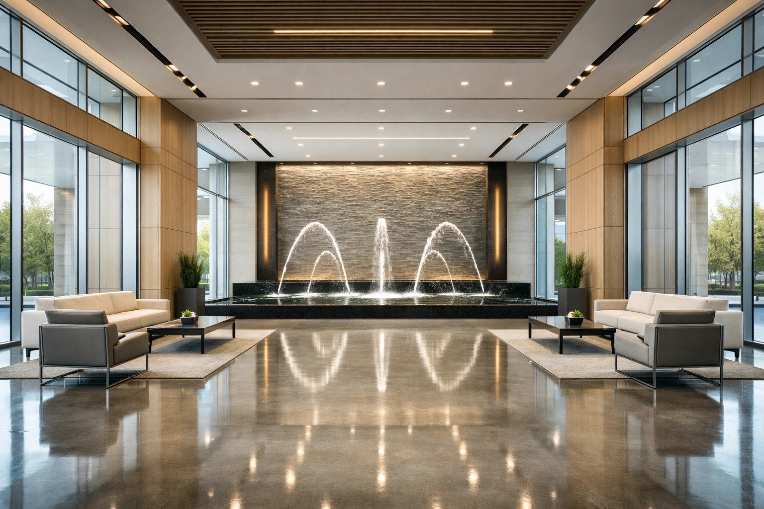 A flawless modern commercial lobby interior reflecting the peace of mind of high-quality plumbing installations.