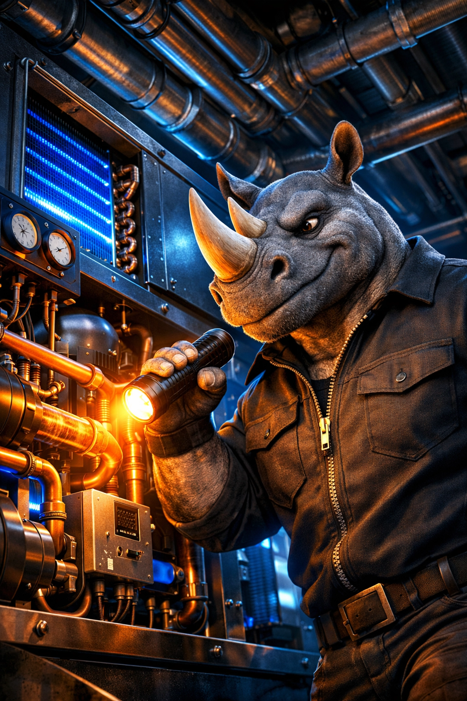 Ramblin' Rhyno mascot inspecting a commercial HVAC unit to optimize energy costs and system longevity.