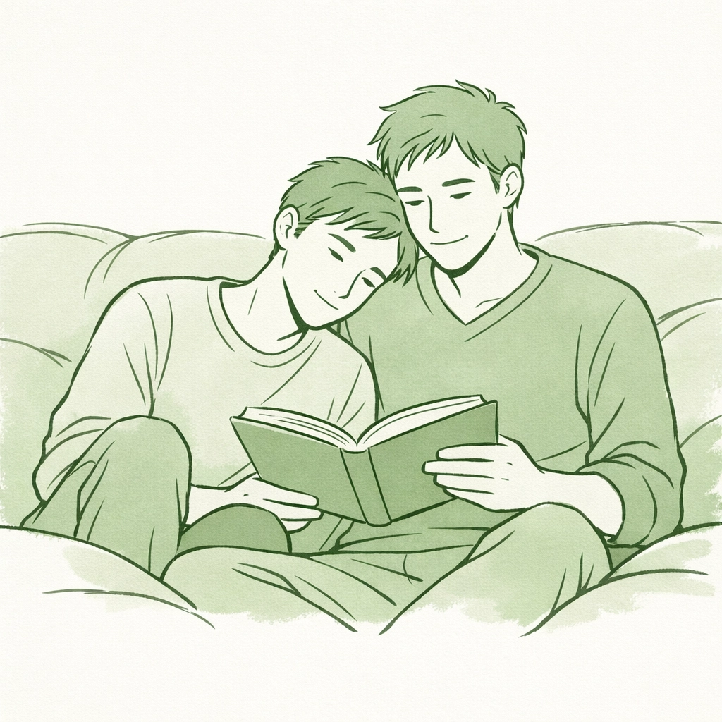Two men sharing a quiet moment reading together, representing emotional intimacy and diverse LGBTQ+ identities.