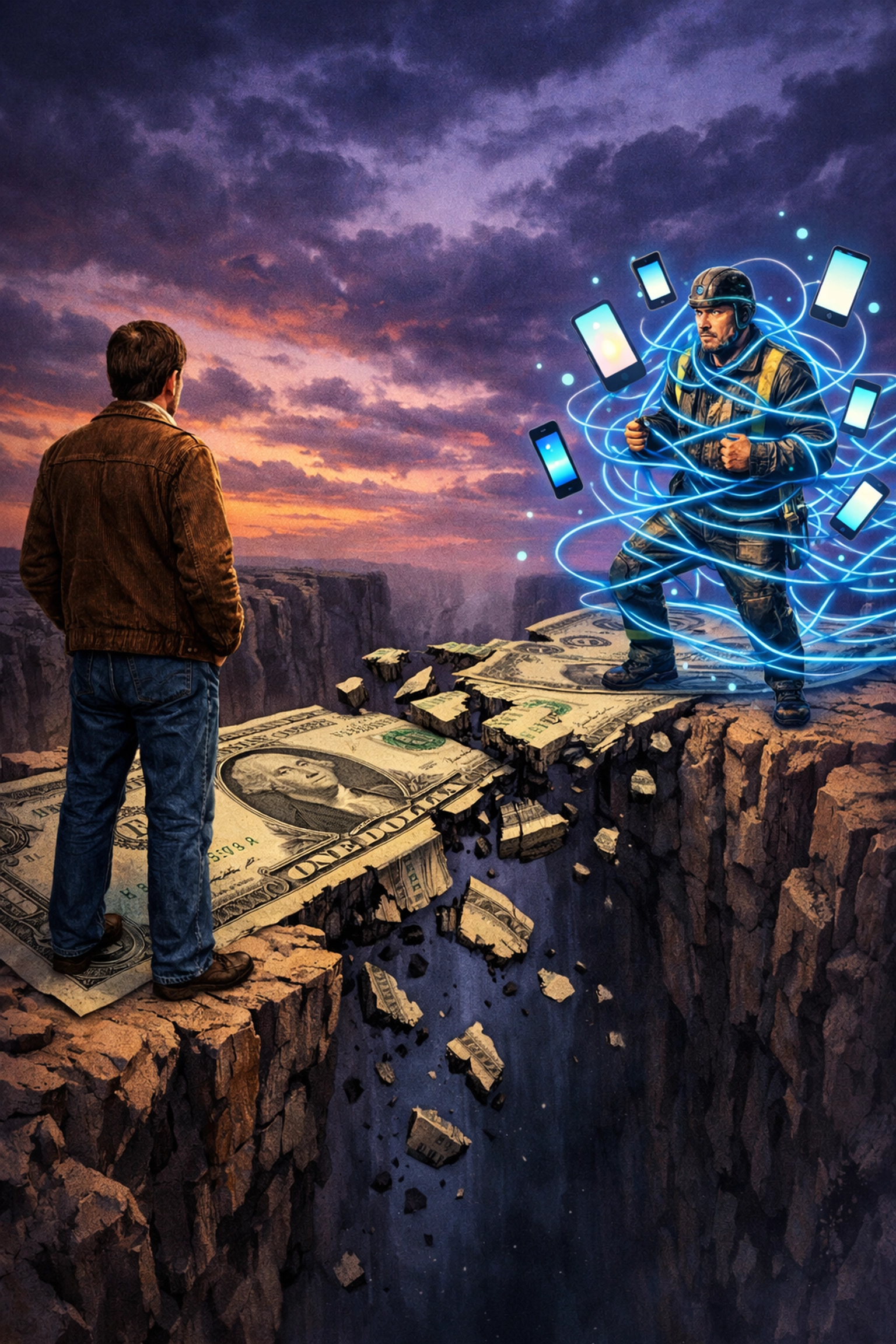 A 1970s worker facing a modern worker tangled in digital cables over a crumbling bridge of dollar bills.