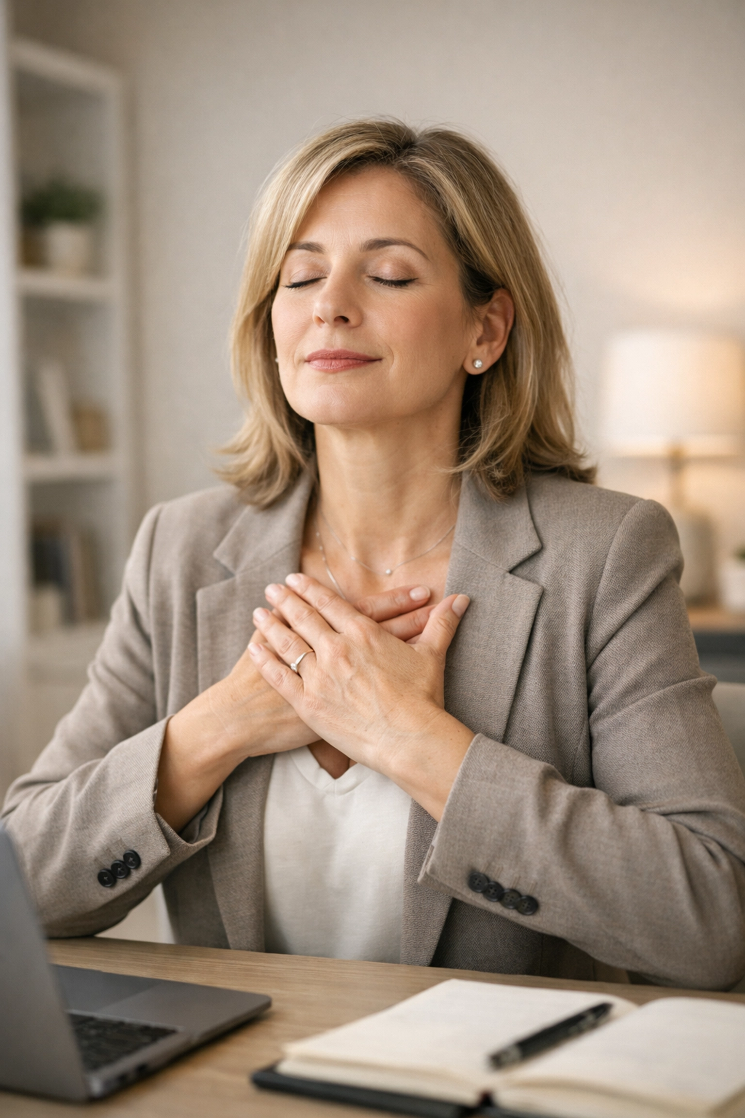 Professional woman managing perimenopause anxiety at her desk