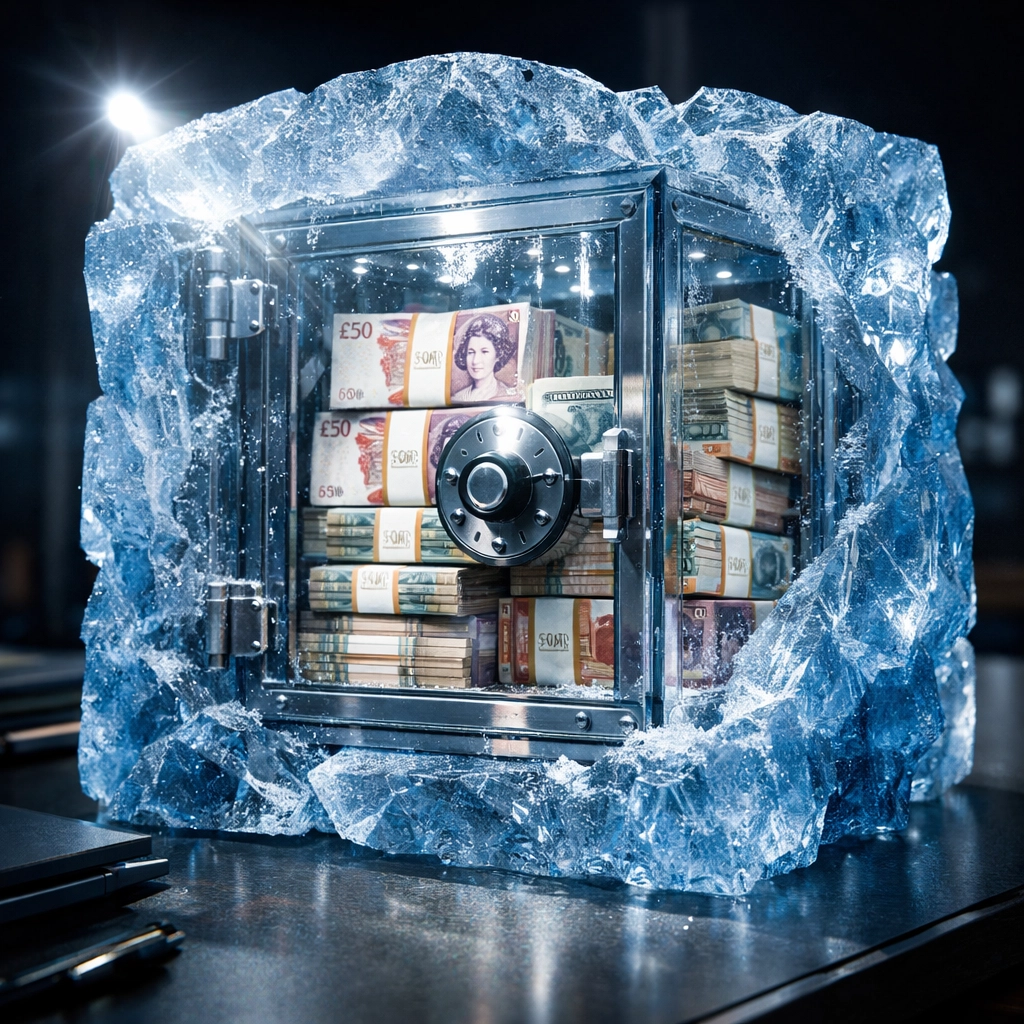 International currency trapped in a block of ice, representing the risk of frozen funds for expat deposits.