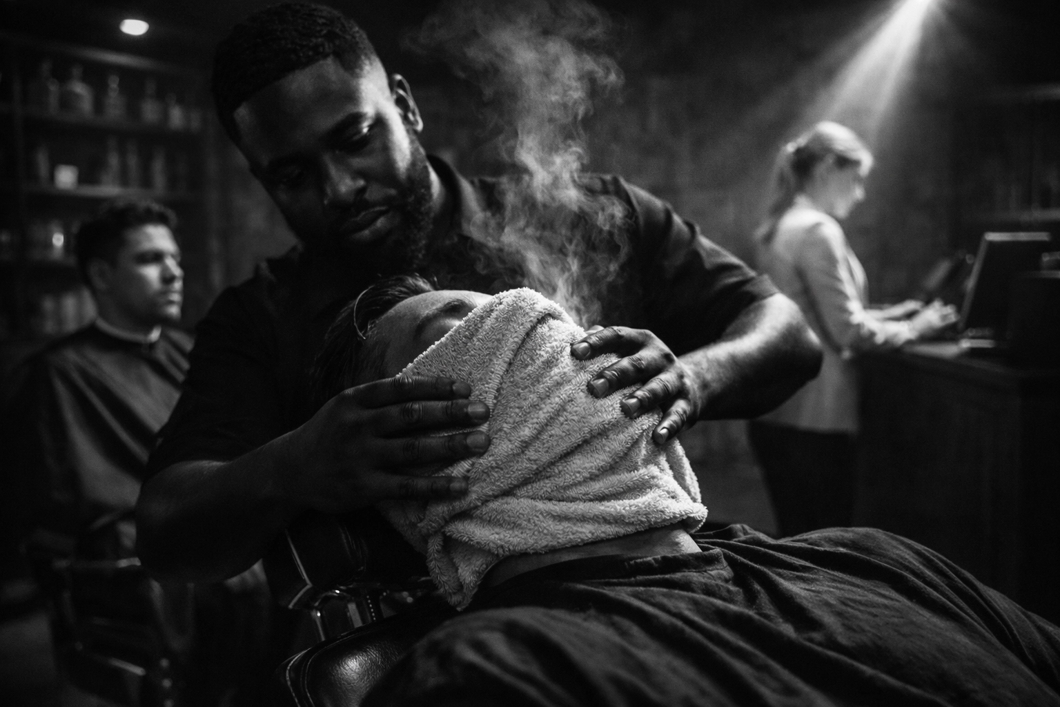 Relaxing hot towel treatment provided by master barbers for a premium grooming experience in West Chester.