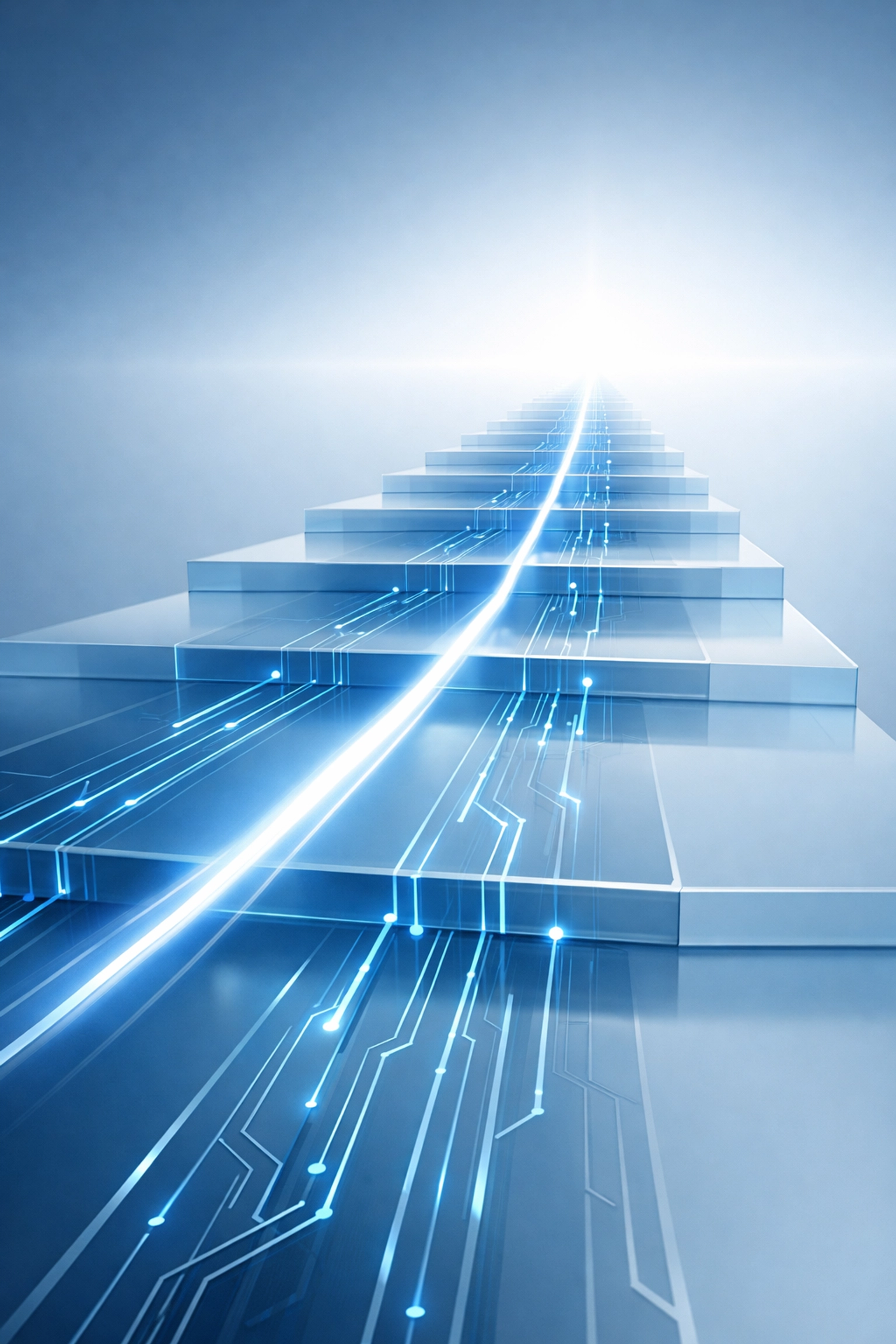 Minimalist blue circuit-style ascending path representing high-speed business scalability and workflow automation.