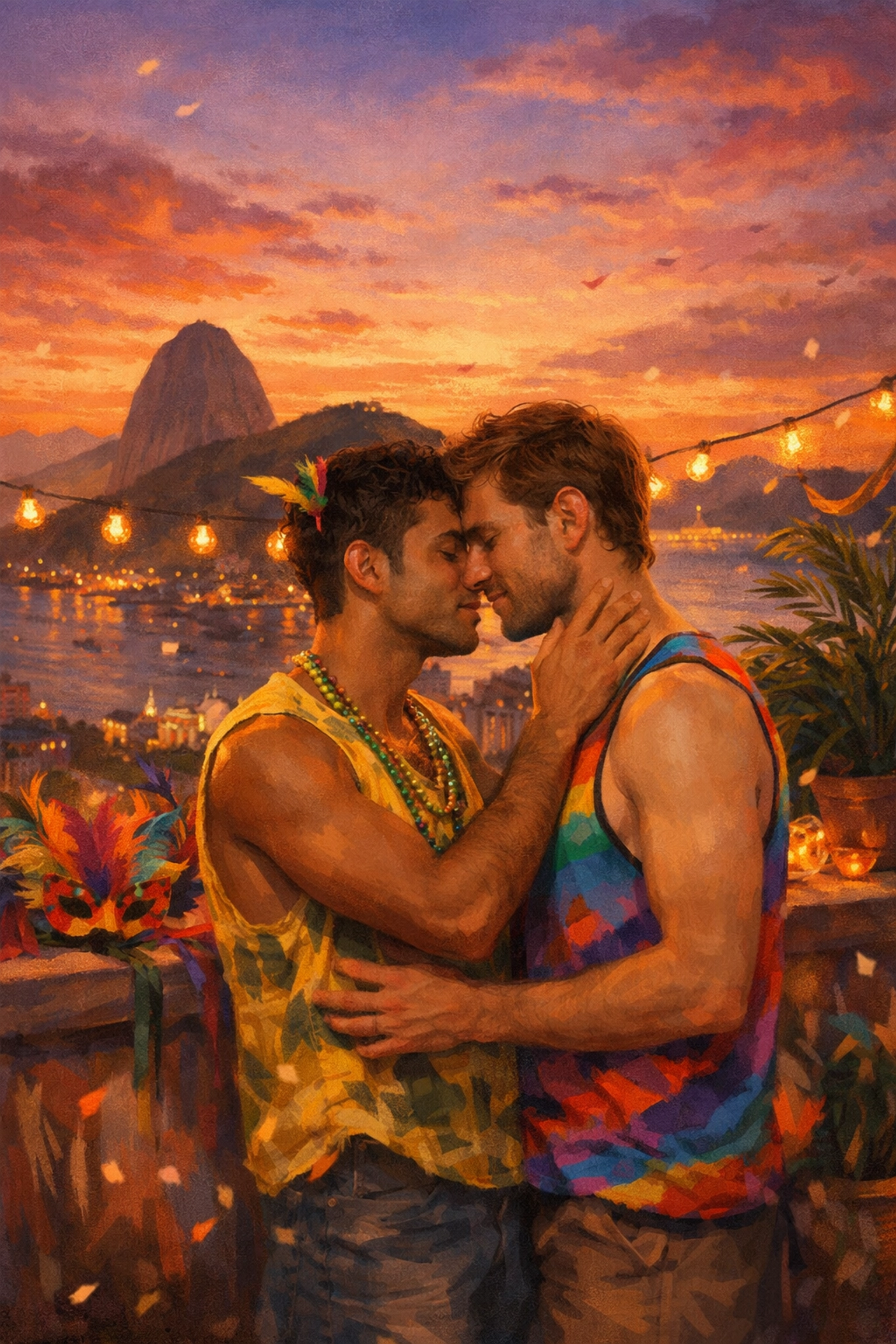 Gay couple sharing romantic moment on Rio rooftop during Carnival with Sugarloaf Mountain backdrop