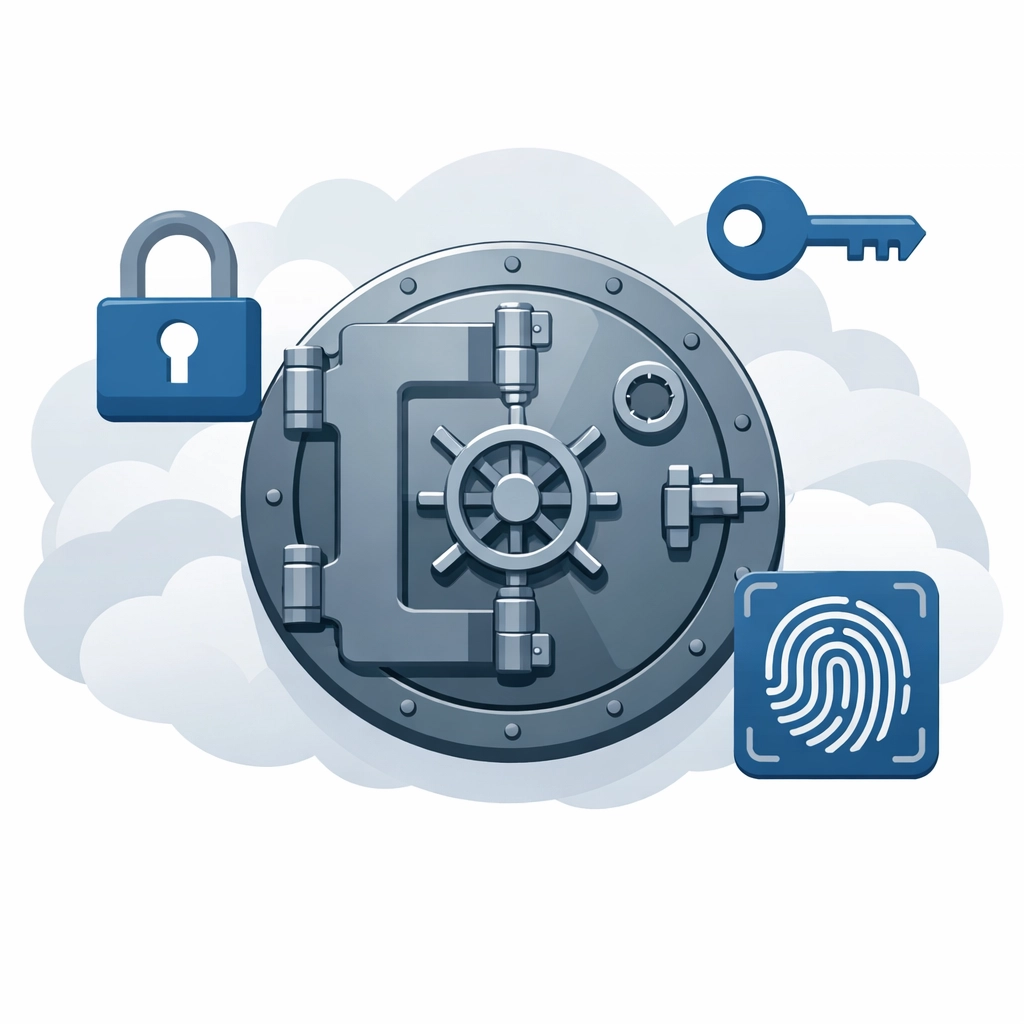 Secure metallic vault door with security icons representing safe virtual tax document storage.