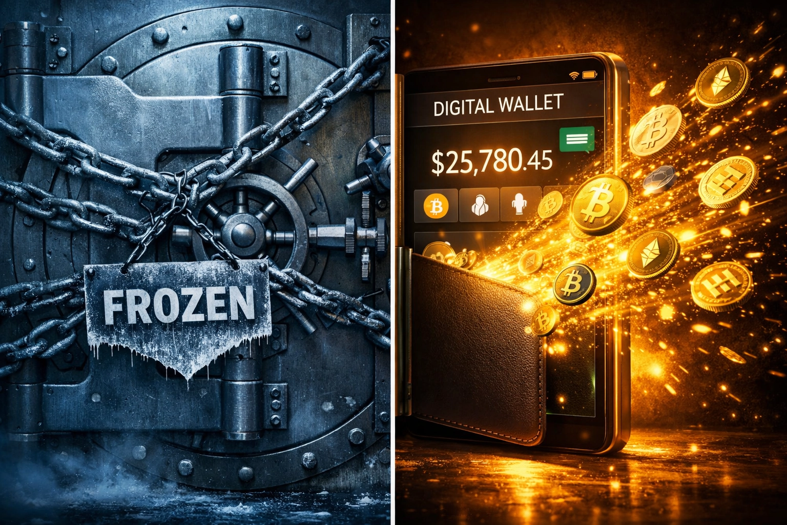 Frozen traditional payment account versus decentralized self-custody crypto wallet with LUSD