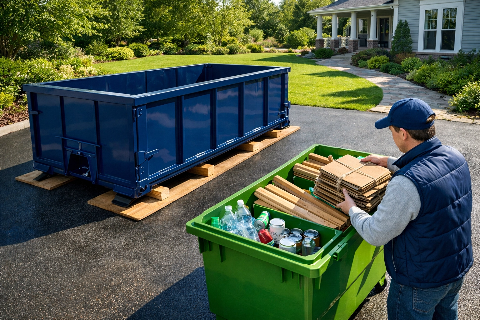 Roll Off Bin Rental North York: Pro Tips Sorting recyclables next to a roll off bin rental in North York on a protected residential driveway.