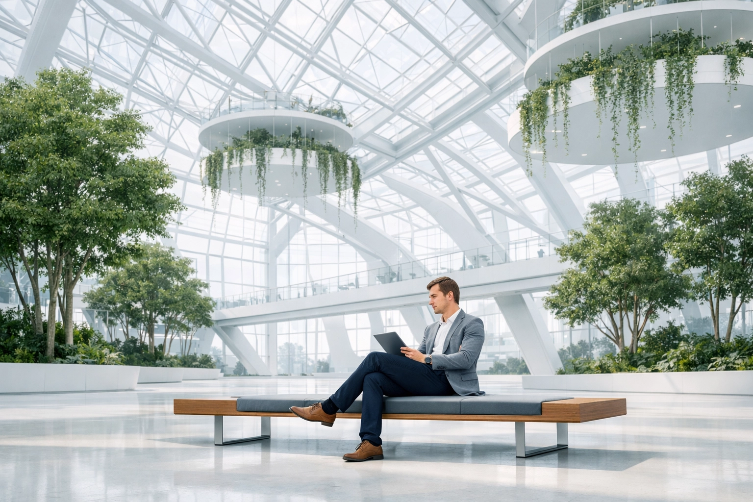 Professional in a peaceful indoor garden setting reflecting the balance of a sabbatical leave of absence.