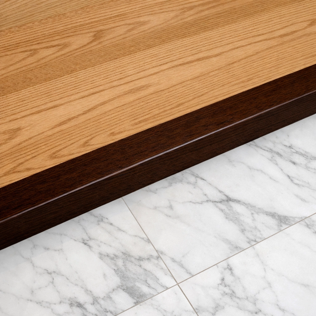 High-contrast dark wood stair edge clearly distinguishing the bottom step from the landing floor.