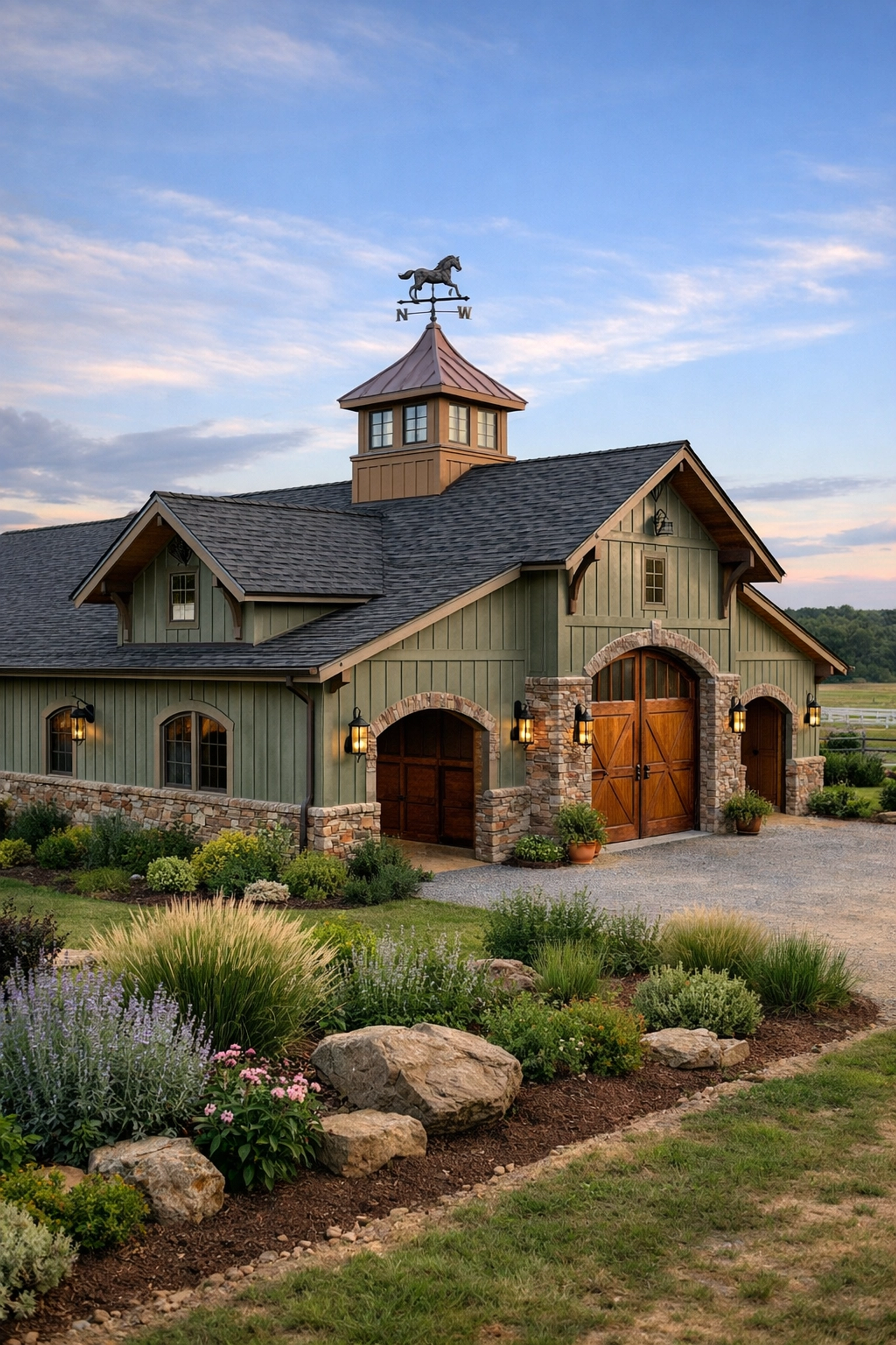 Luxury horse barn exterior with cupola and board-and-batten siding in Charlotte area