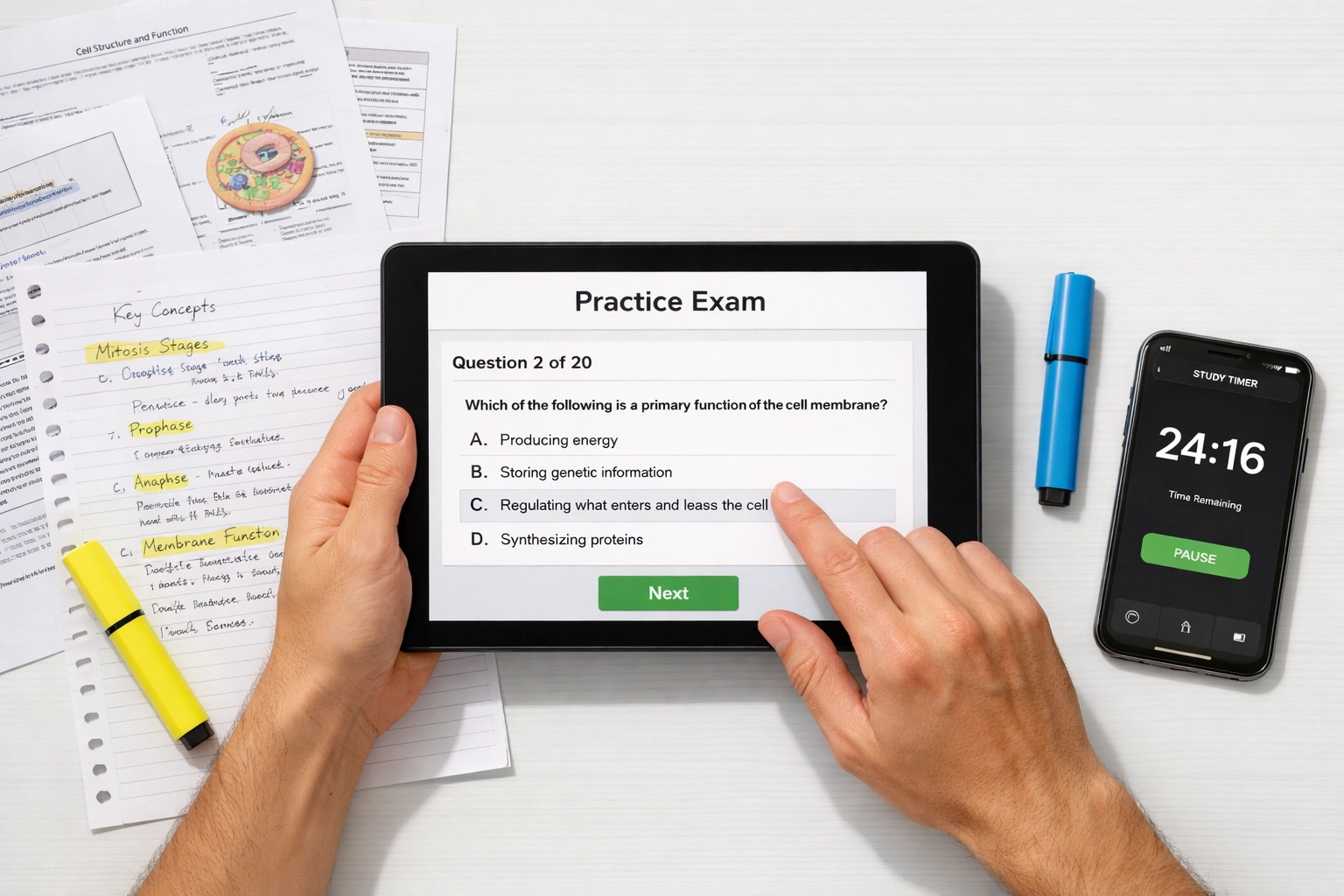 Student using tablet and study materials to prepare for CLEP practice test