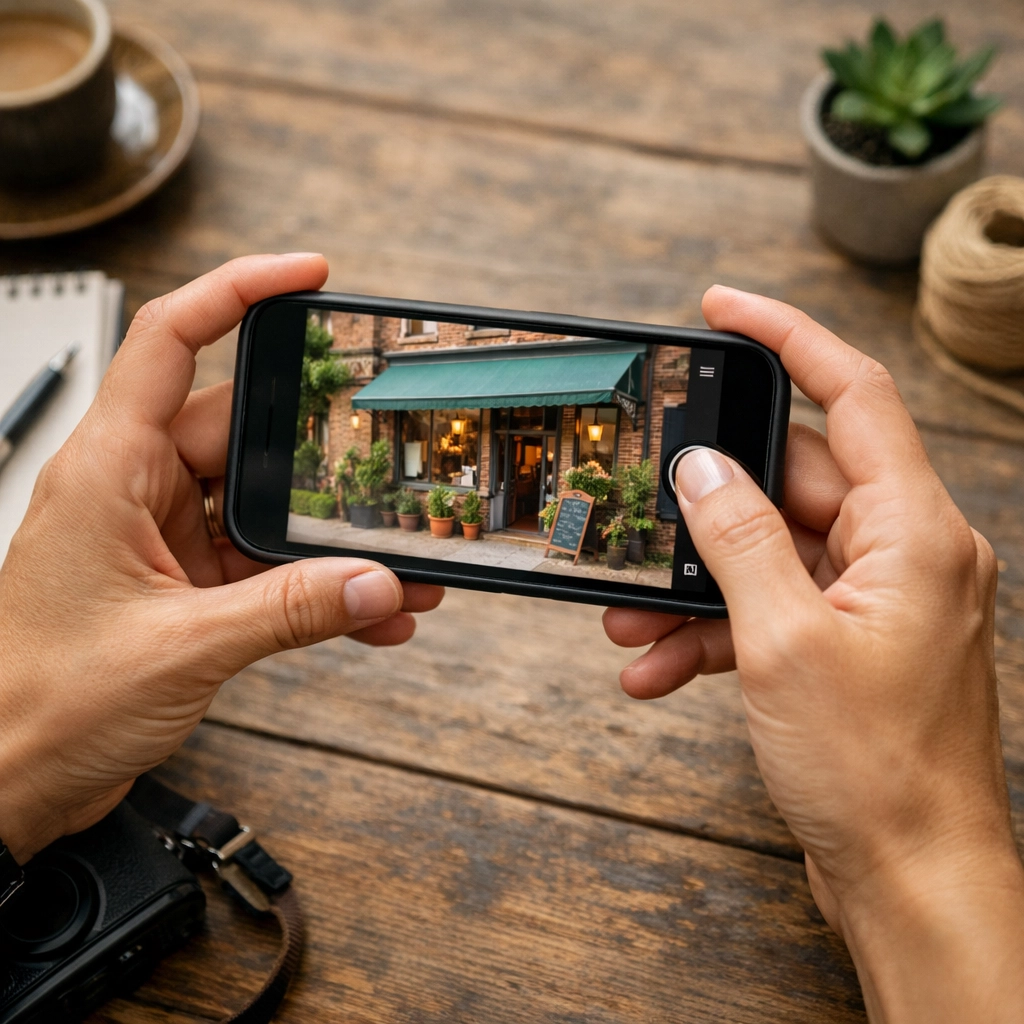 Small business owner creating social media content of local storefront