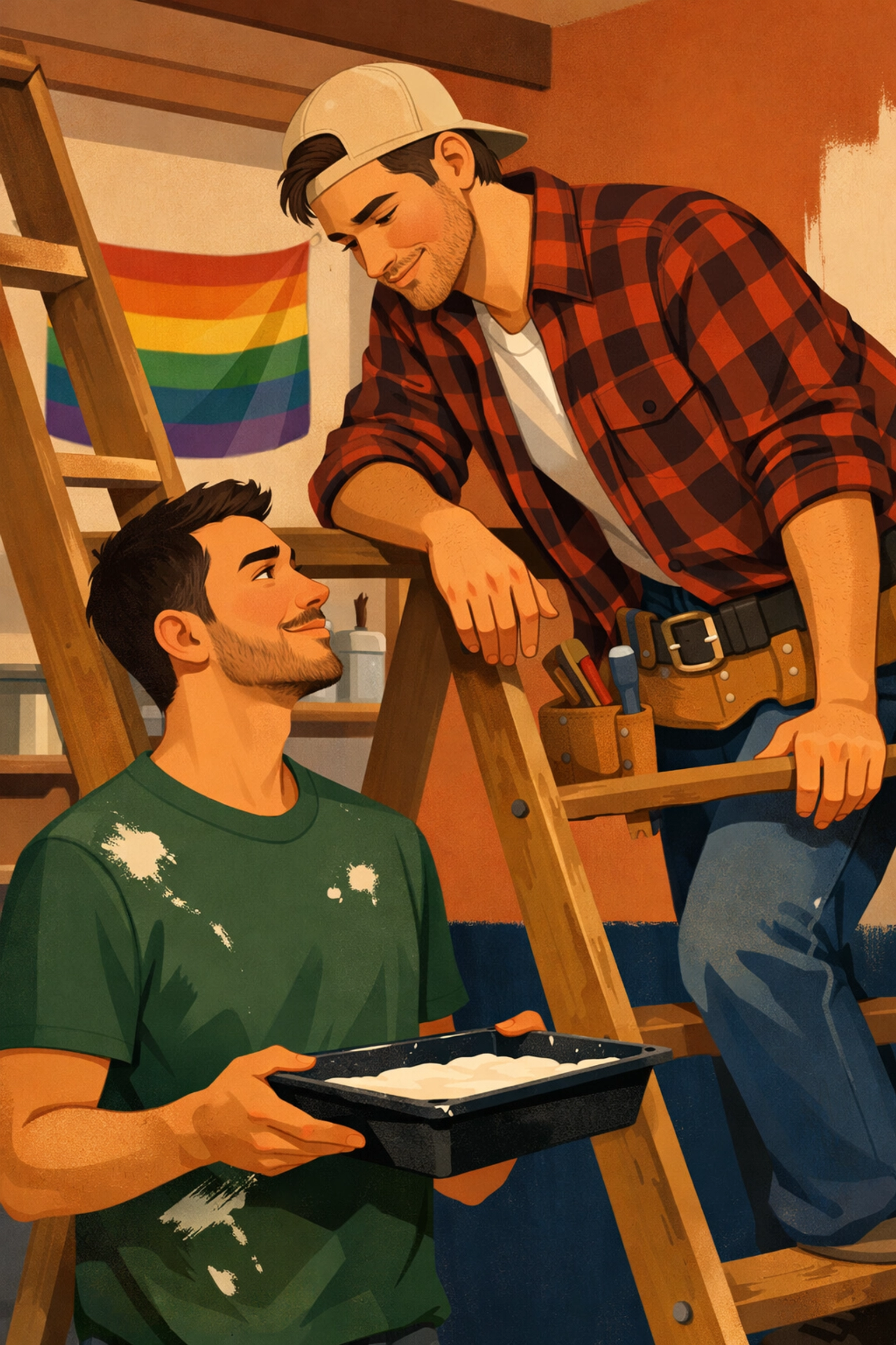 Two men sharing a tender moment while painting their home together, a popular handyman MM romance theme.