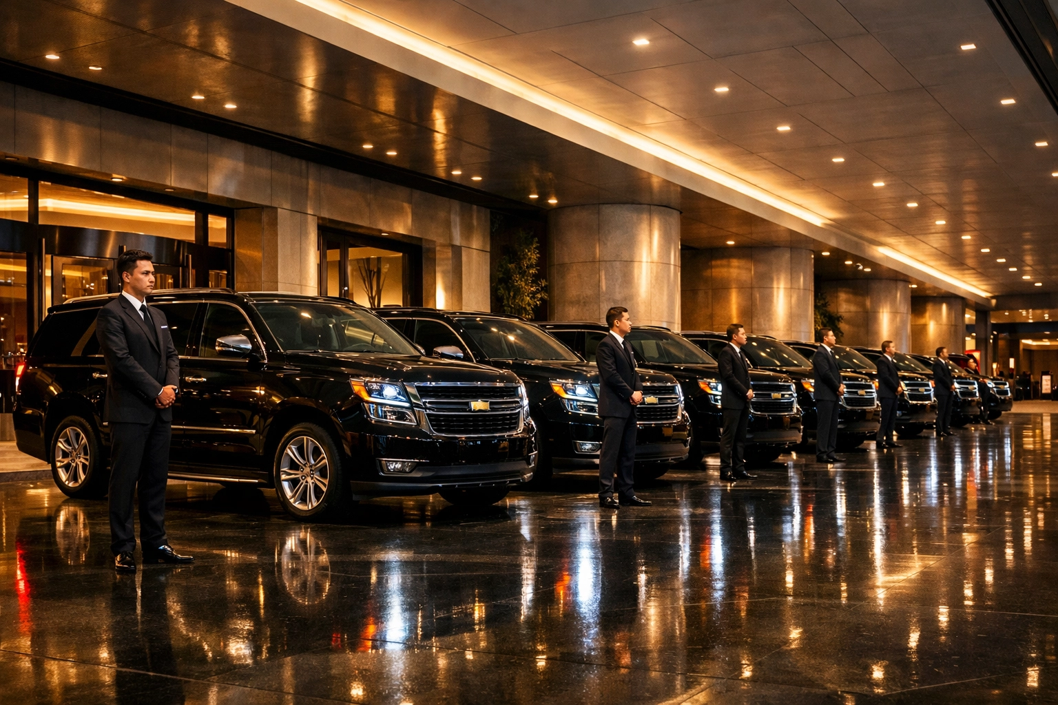 Luxury SUV fleet and chauffeurs ready for secure Super Bowl VIP corporate travel and hosting.