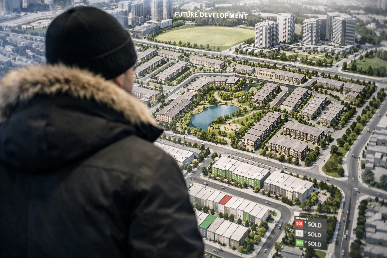 A homebuyer reviews architectural site plans at a Mississauga sales center for a new housing project.