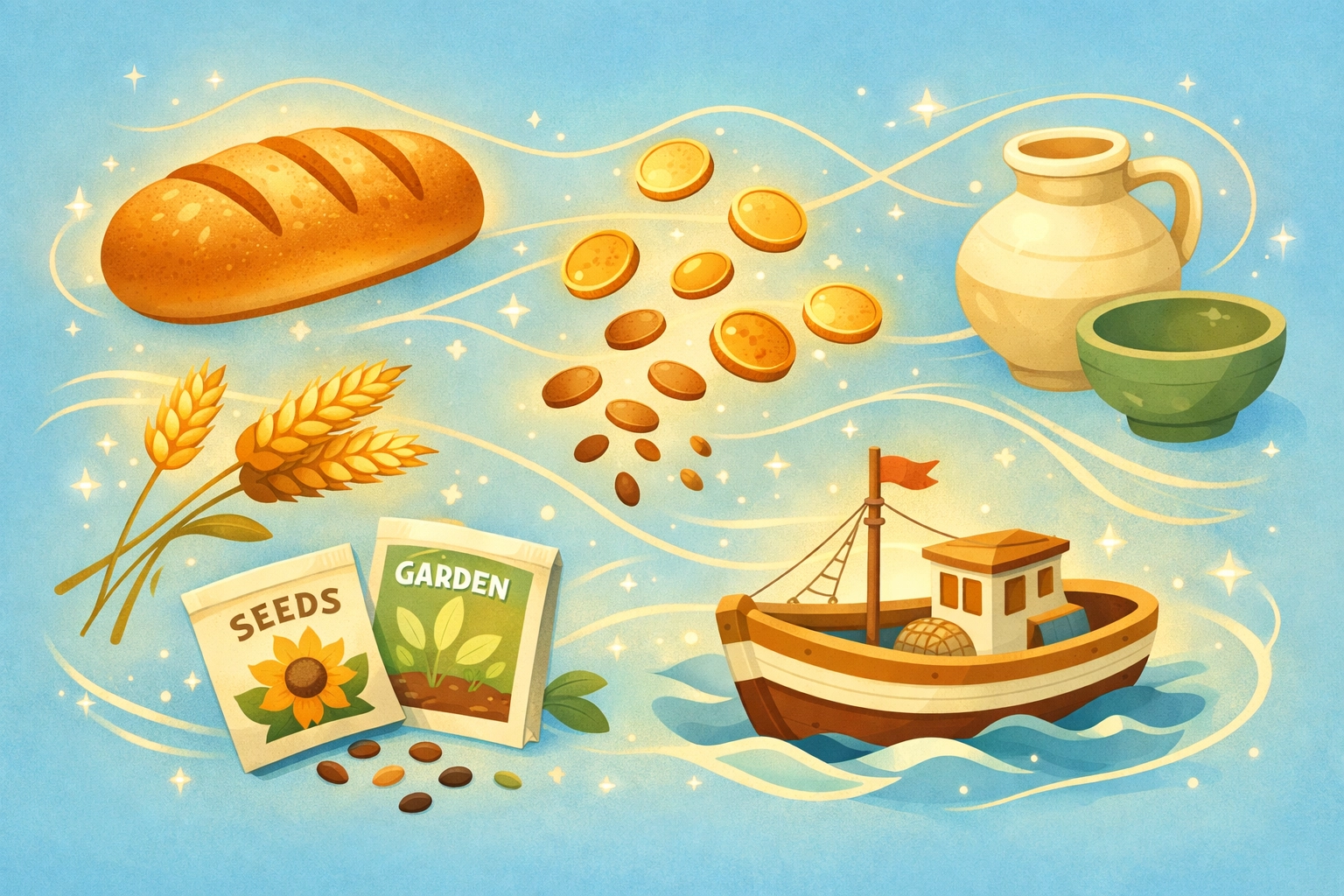 അപ്പം, ധാന്യം തുടങ്ങിയ നിത്യോപയോഗ വസ്തുക്കൾ ദൈവരാജ്യത്തെക്കുറിച്ചുള്ള യേശുവിന്റെ പഠിപ്പിക്കലുകളെ പ്രതീകപ്പെടുത്തുന്നു.