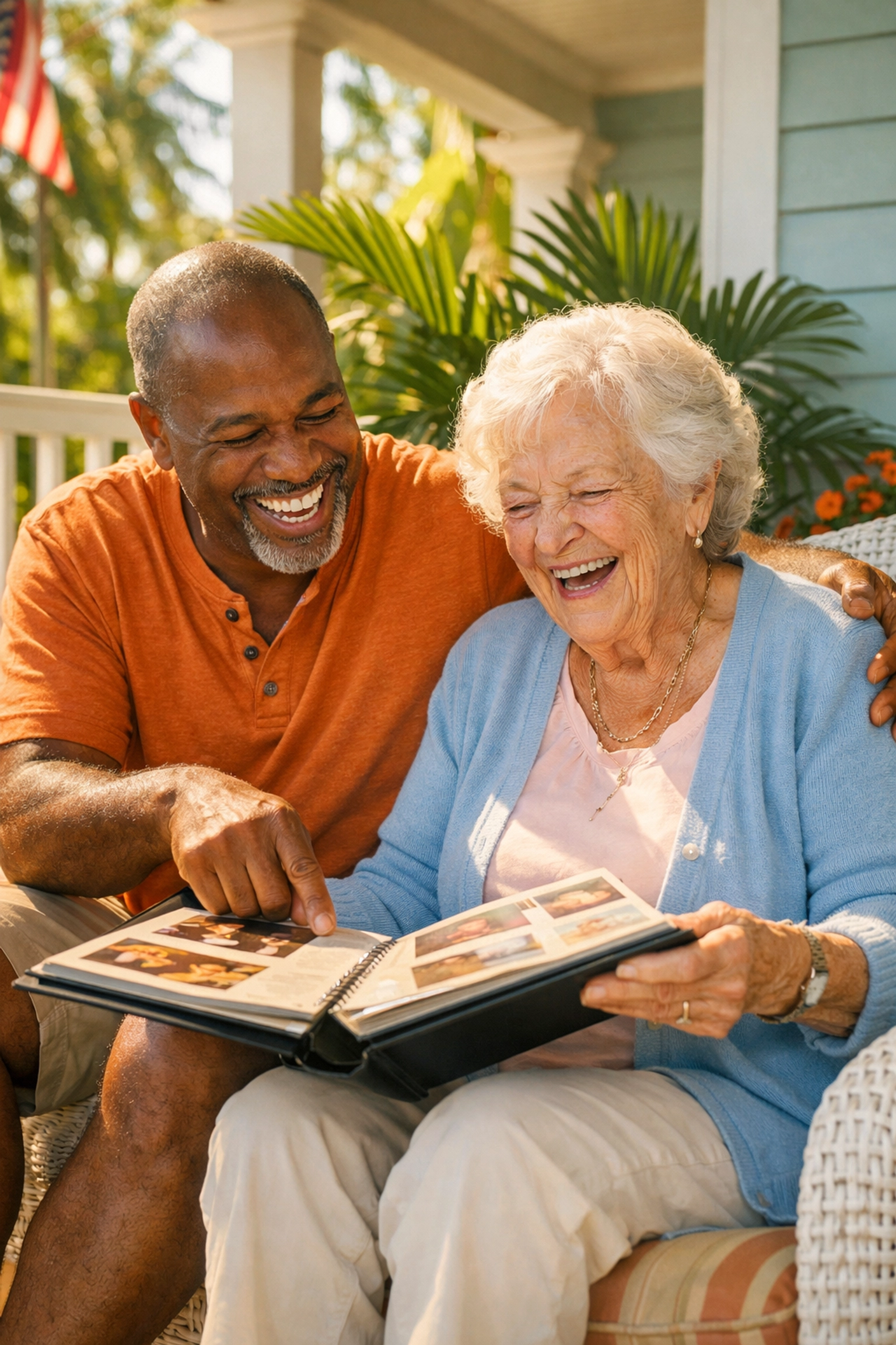 Give A Day Foundation founder Otis Taylor connecting with a local senior on a sunny porch.