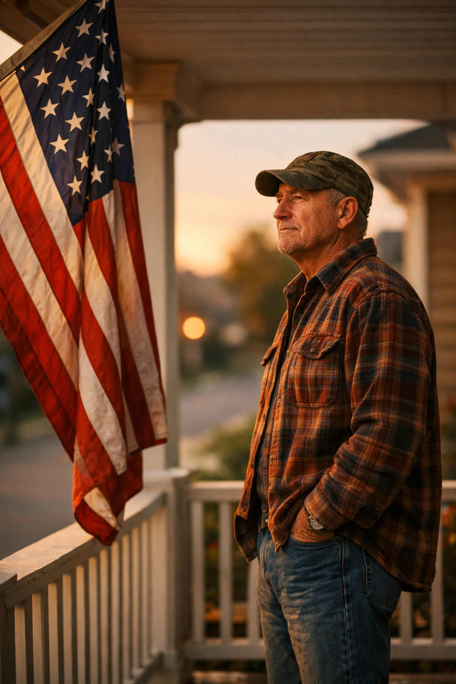 A proud veteran reflecting on service by his American flag, illustrating the significance of patriotic traditions.