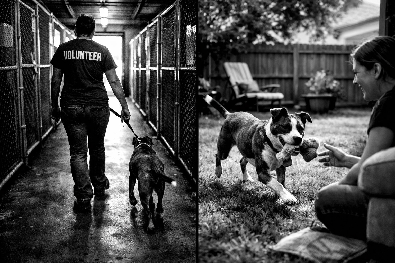Shelter volunteer vs foster dog comparison showing different environments