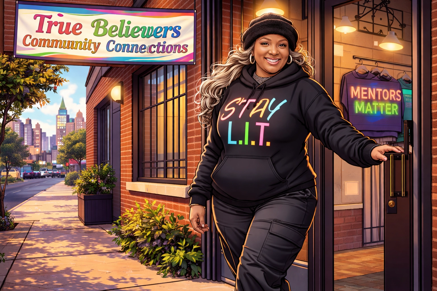 Dr. Carol (Version 5 cartoon) in a STAY L.I.T. hoodie—Pivot to Action energy and community leadership