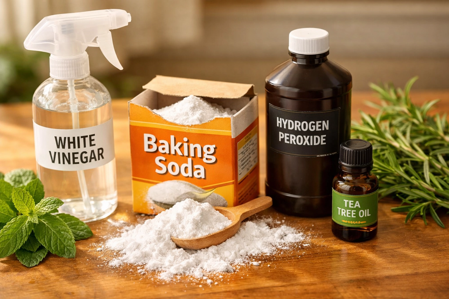 Natural mold cleaning supplies including vinegar, baking soda, and hydrogen peroxide