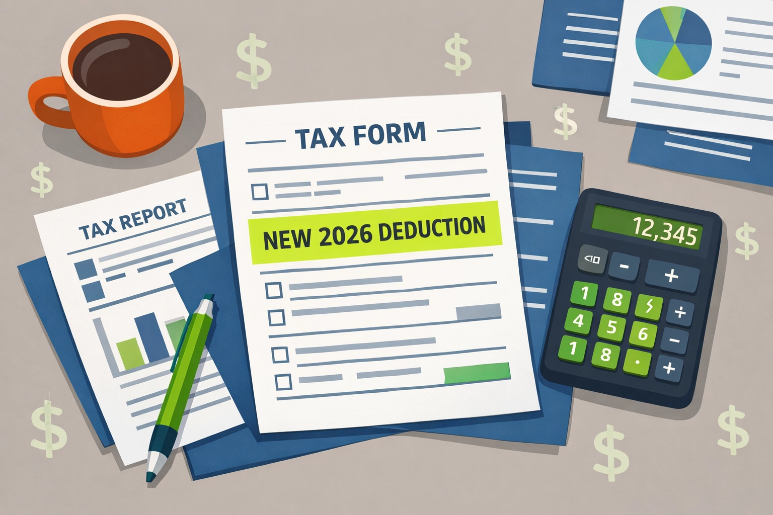 Tax documents and calculator highlighting new 2026 deductions for tax planning