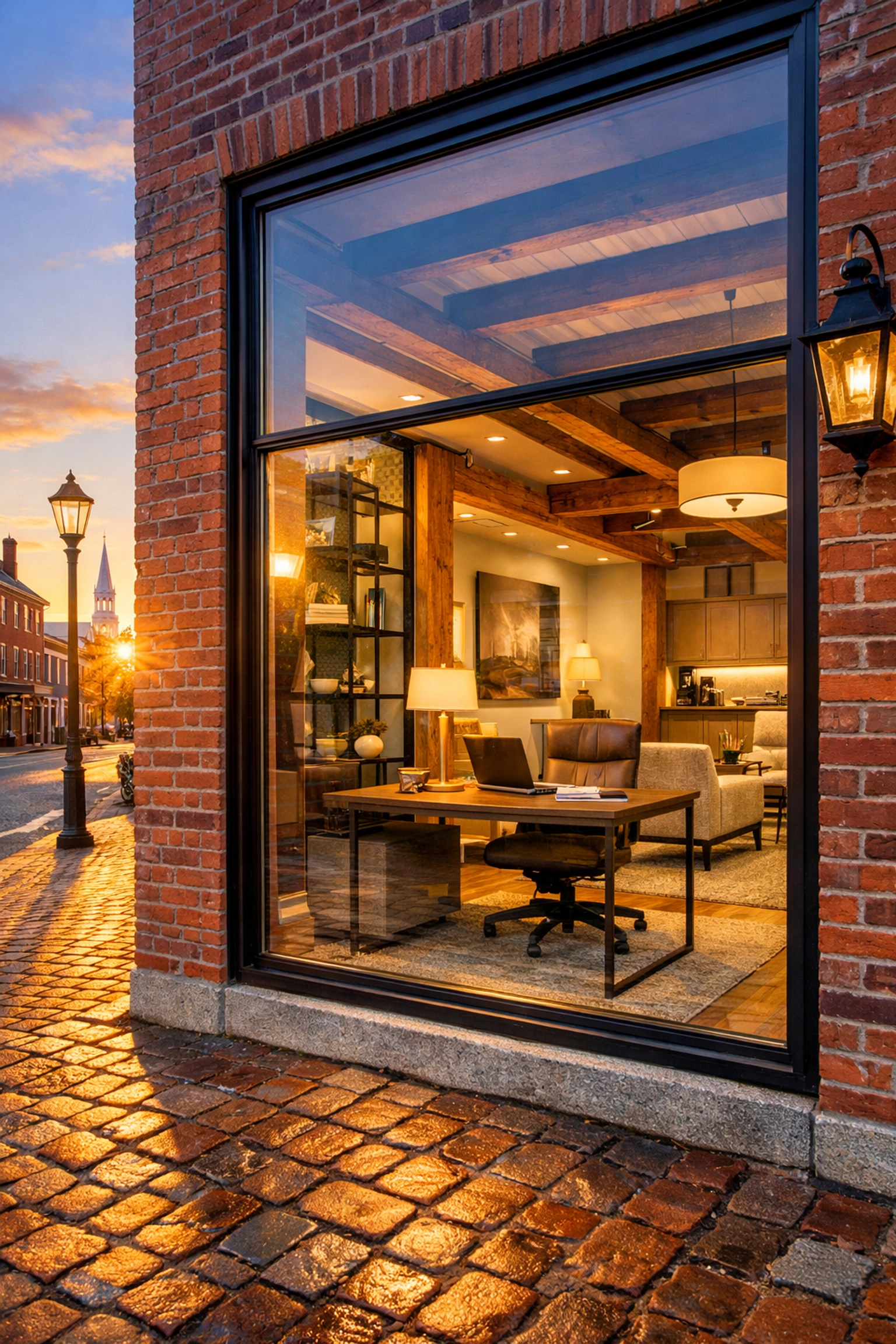 Exterior view of a historic Concord building showing gleaming windows and elite commercial cleaning results.
