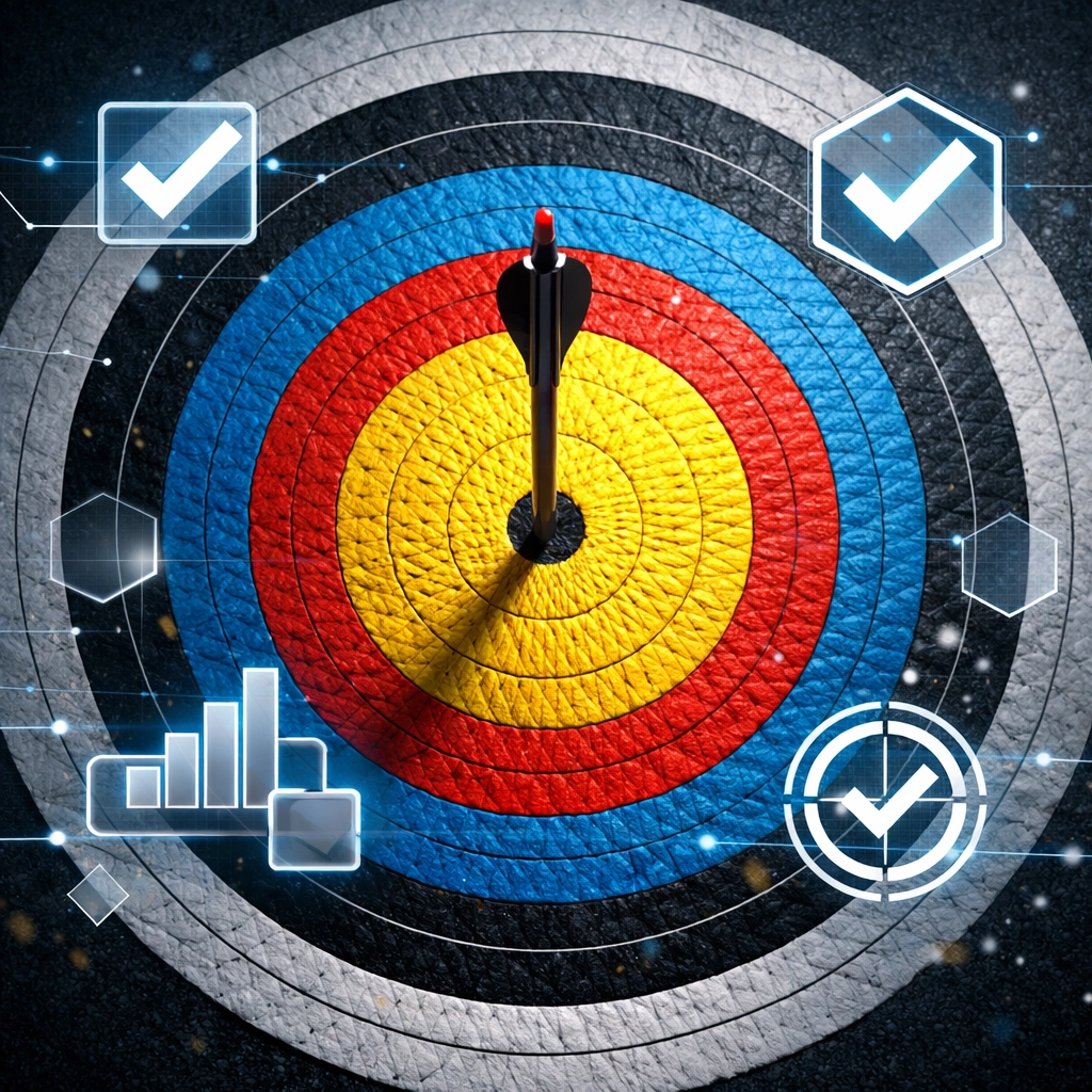 Arrow hitting a bullseye with checkmark icons symbolizing KHSAA archery NIL compliance and rules.