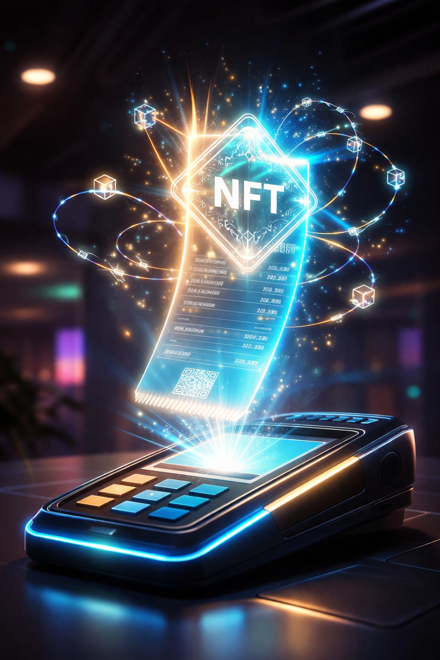 NFT crypto receipt above a POS terminal symbolizing secure, blockchain-verified sales with Larecoin payments