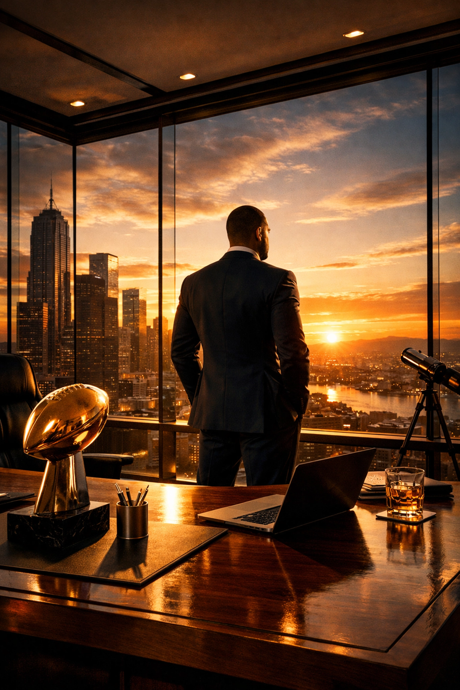 Professional athlete entrepreneur in a city office representing long-term career success through NIL.