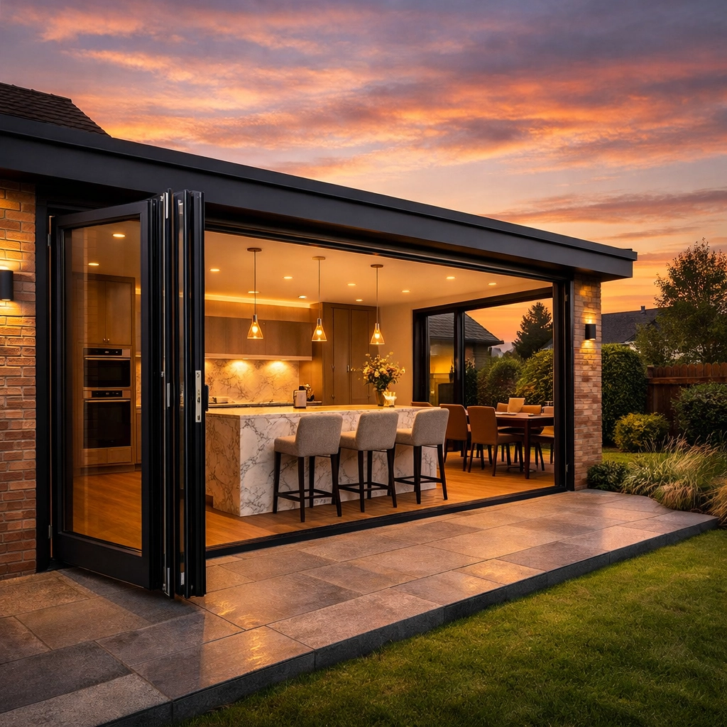 Contemporary single-storey extension in Bournemouth with anthracite bi-fold doors and luxury kitchen-diner.