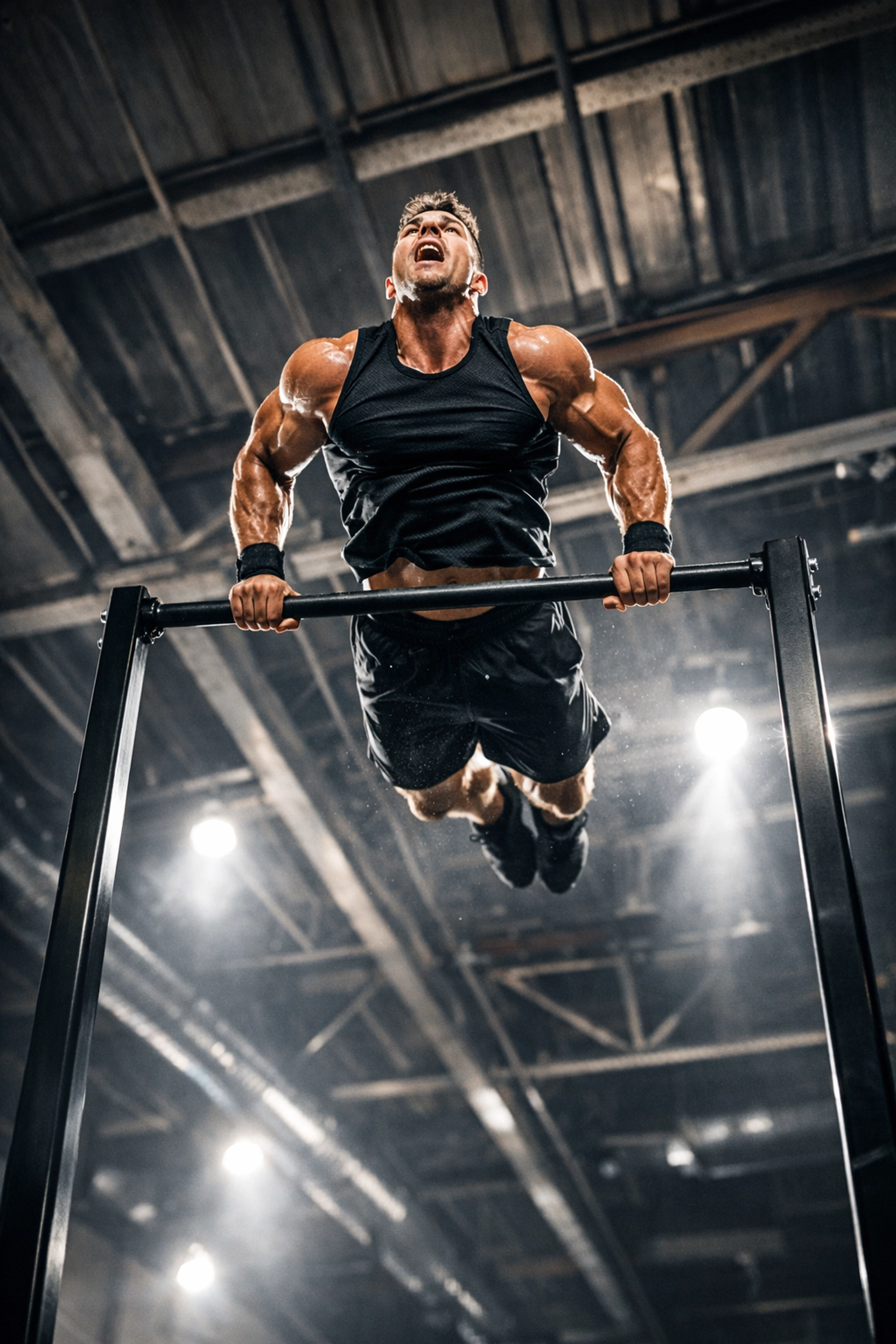 Athlete performing a muscle-up on a floor to ceiling gym rail, a high-clearance pull up bar alternative.