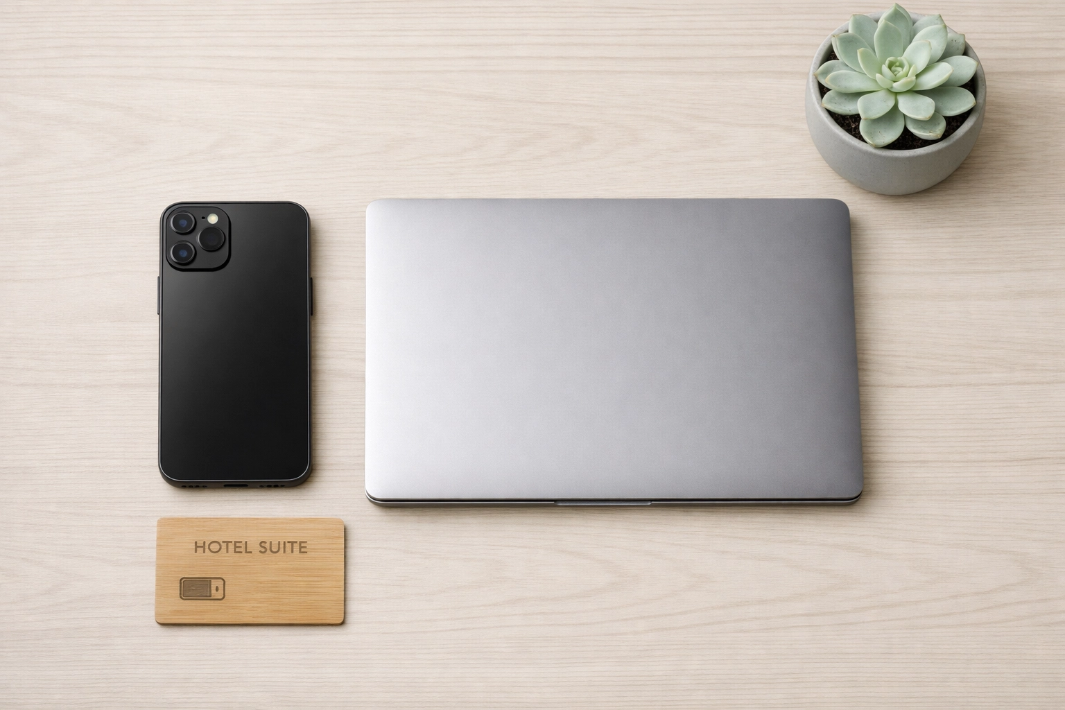 A connected hotel management software tech stack on a wooden table, featuring a laptop and mobile tools.
