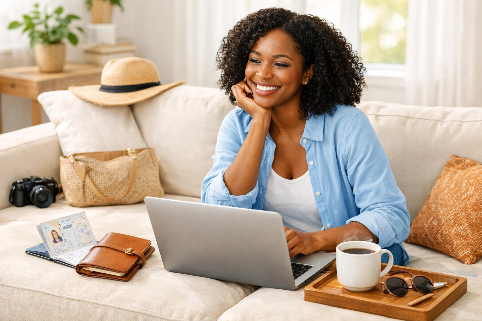 A woman organizing her passport and laptop while preparing for a professional travel planning session.