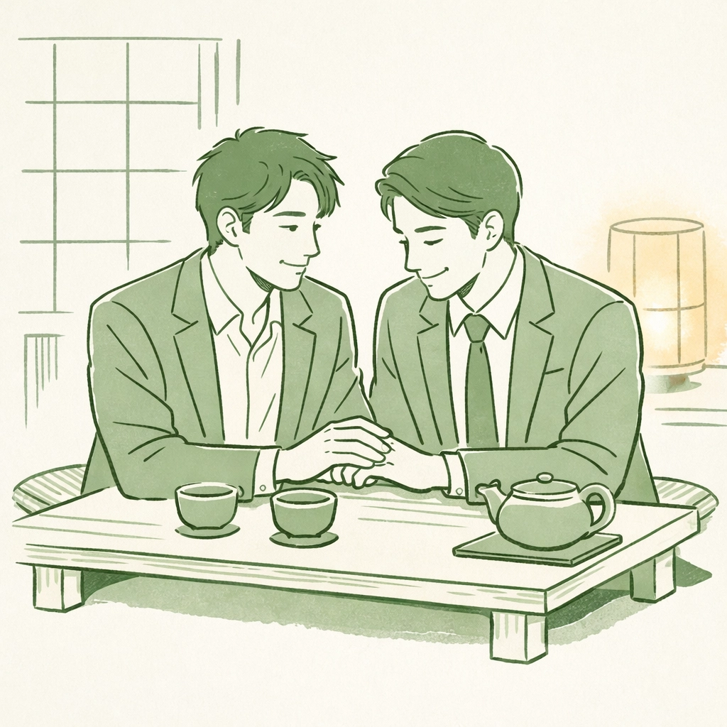 Two Japanese men share tea in intimate moment reflecting omotenashi hospitality and traditional connection