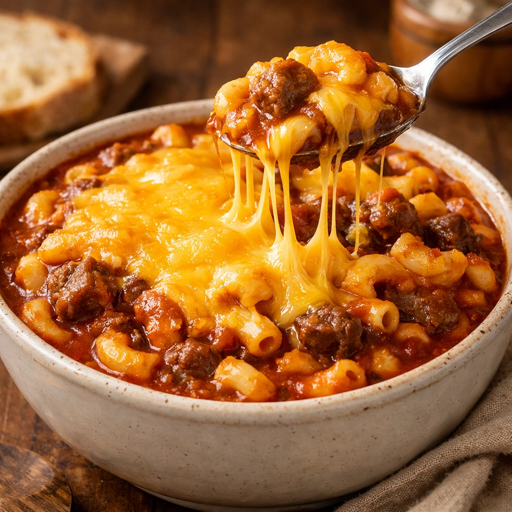 Classic beef goulash with macaroni and melted cheese, a hearty 5-ingredient easy weeknight dinner.