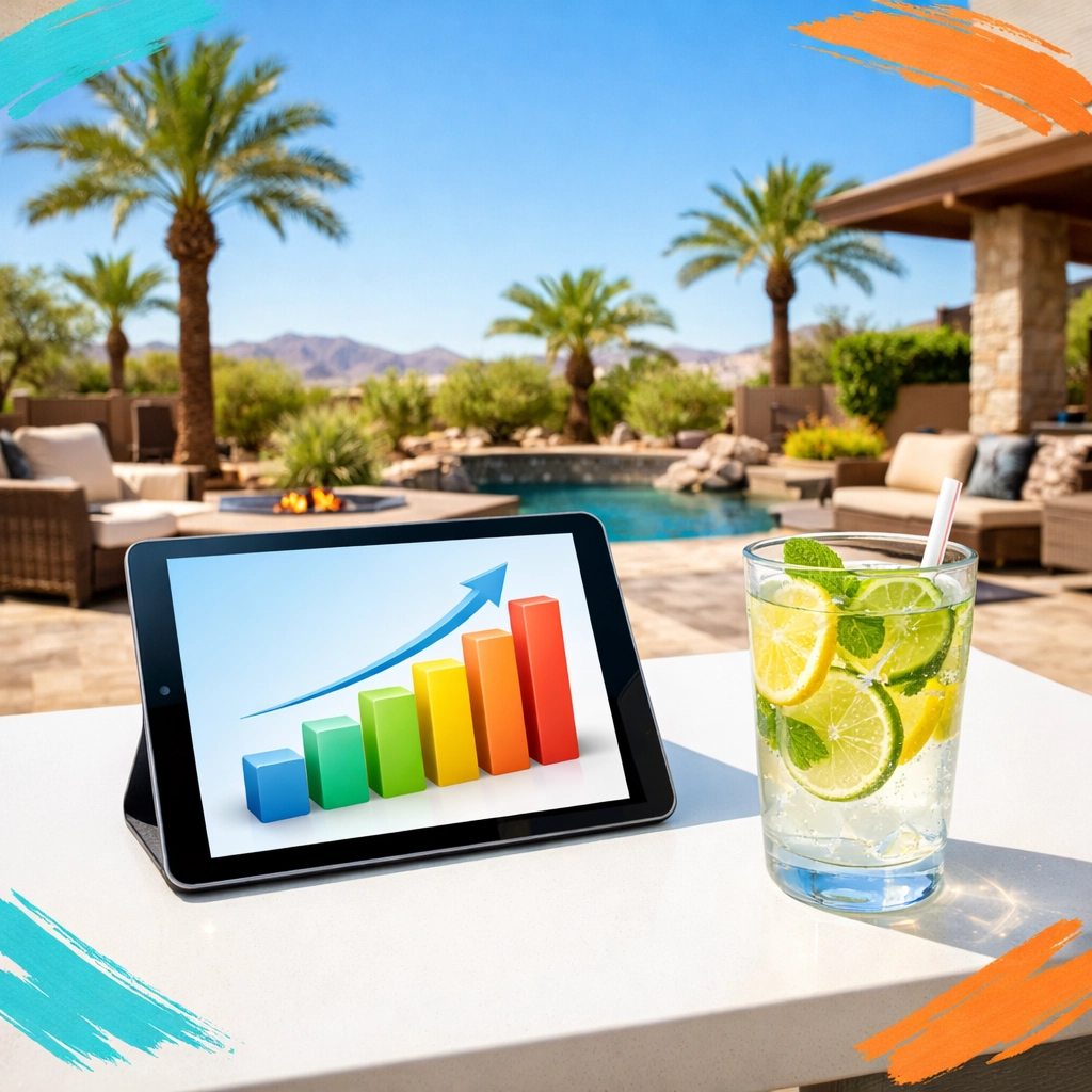 Market data on a tablet at a Surprise AZ home showing 2026 housing inventory and price trends.