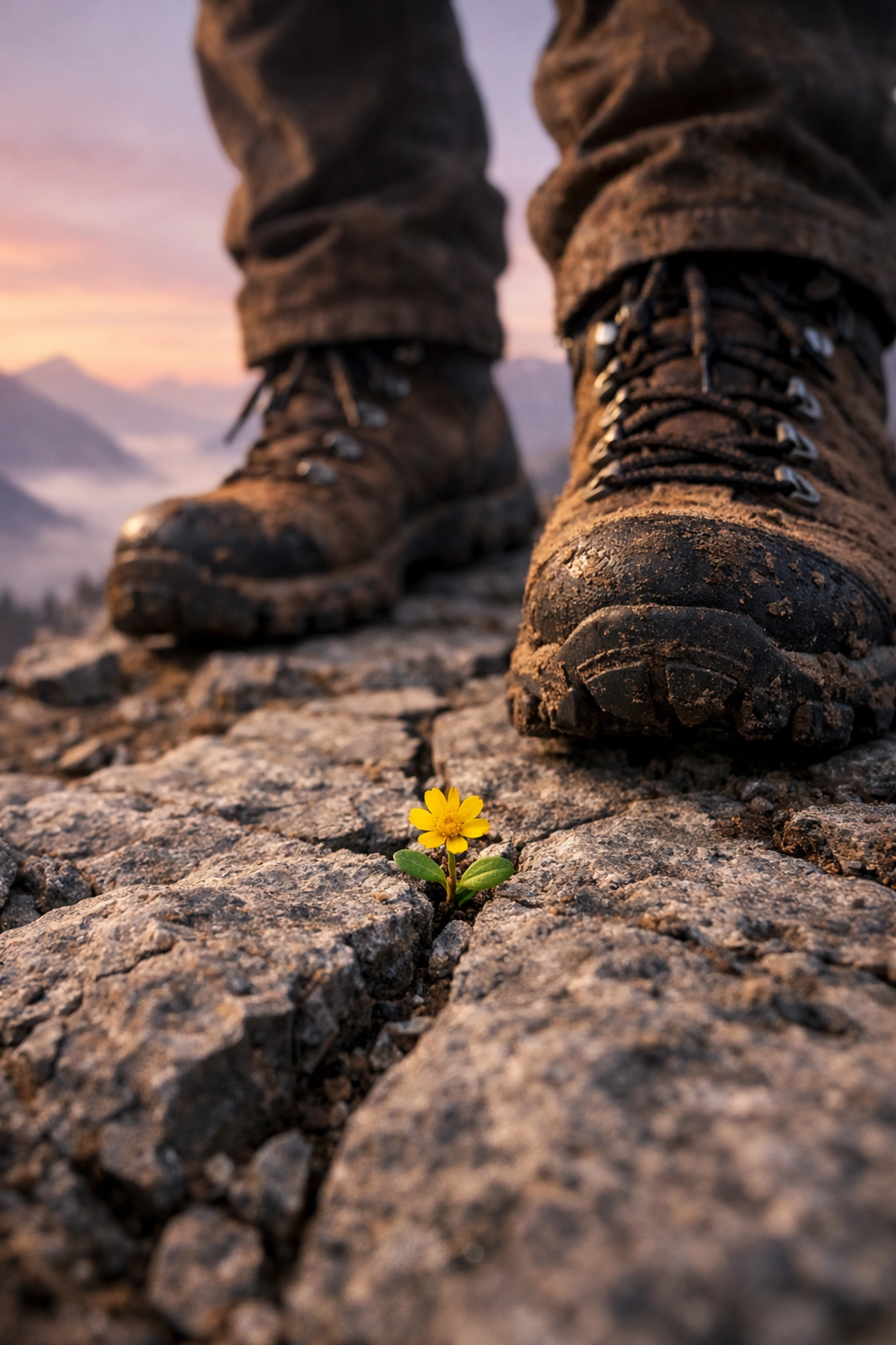 Hiking boots on a rugged mountain trail with a blooming wildflower, symbolizing resilience and strength through struggle.
