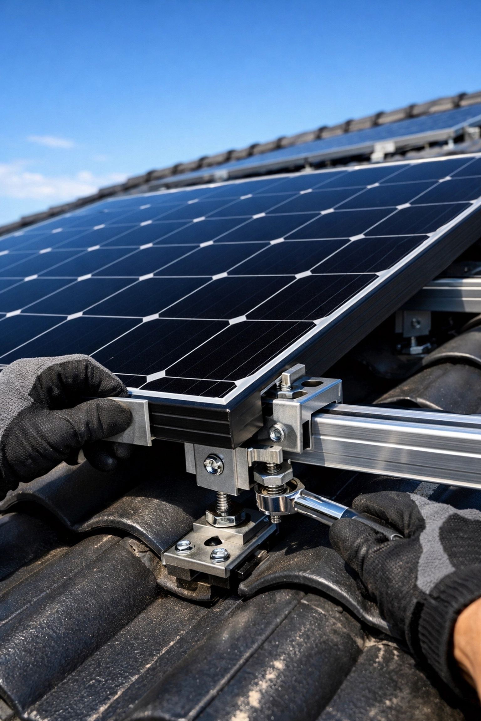 Expert solar installers fitting a high-efficiency solar panel on a rooftop in Hampshire.